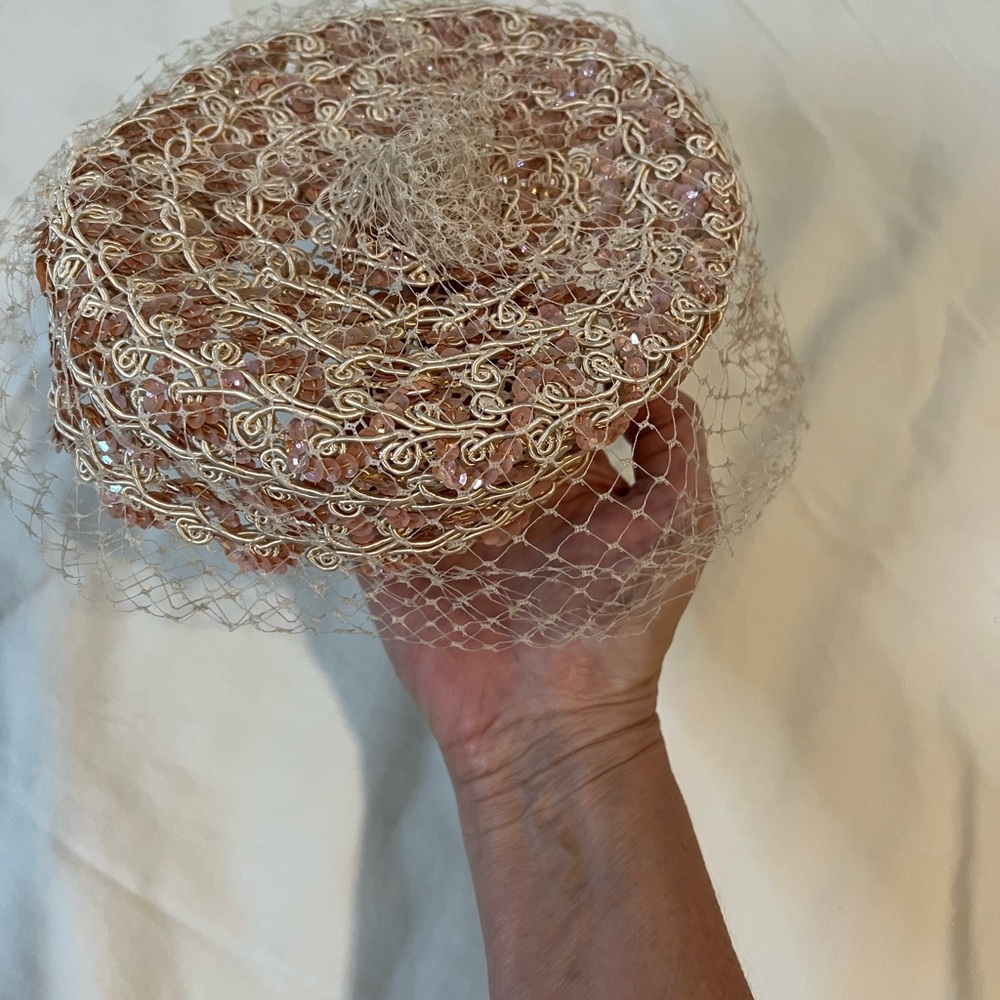 Chic Lace Hat with Veil in Pink and Gold